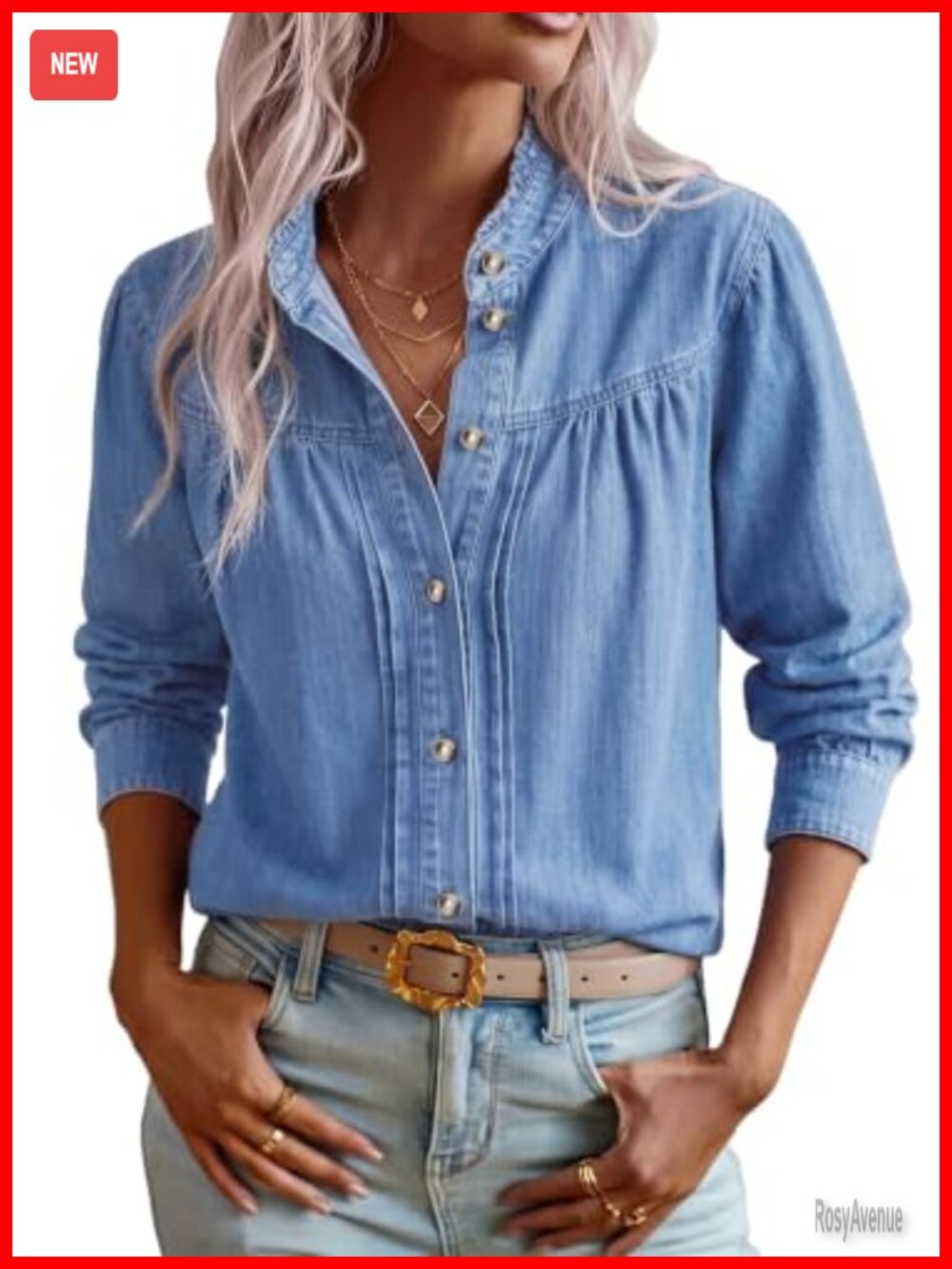 Oversized Denim Button Down Shirt Long Sleeve Ruffle Jean Blouse